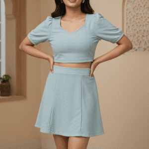 Stylish Light Blue Plain Top&Skirt for Women