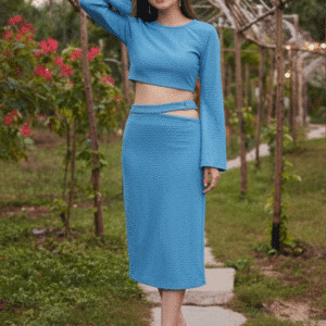 Stylish Light Blue Plain Top&Skirt for Women