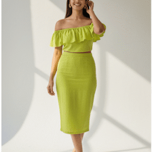 Stylish Parrot Green Plain Top&Skirt for Women