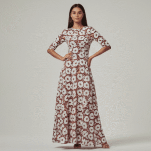 Elegant Brown Floral Print Long Dress for Women