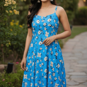 Elegant Blue Floral Printed Short Dress for Women