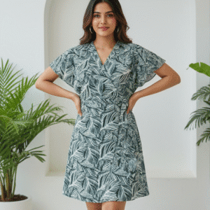 Elegant Green Printed Short Dress for Women