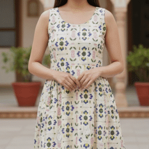 Elegant Cream Floral Printed Short Dress for Women
