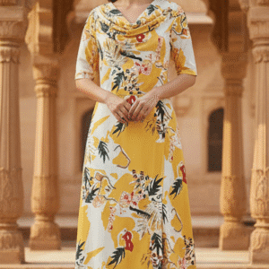 Elegant Yellow Printed Long Dress for Women