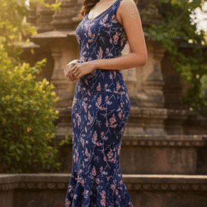 Elegant Navy Blue Floral Print Long Dress for Women