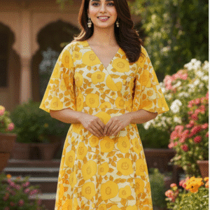 Elegant Yellow Floral Printed Short Dress for Women