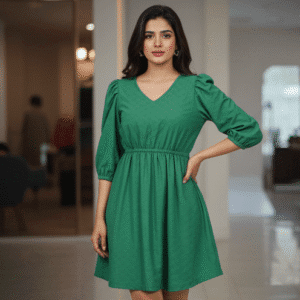 Elegant Green Plain Short Dress for Women