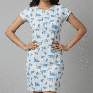 Elegant Blue Printed Short Dress for Women