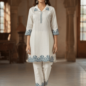 Chic Off White Embroidery Long Co-Ordset for Women