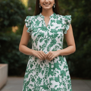 Elegant Green Floral Printed Dress for Women