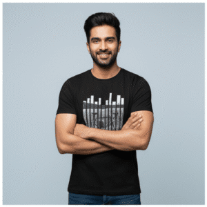 Stylish Black Front Printed Round Neck Half Sleeves for Men