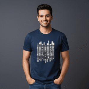 Trendy Navy Blue Front Printed Round Neck Half Sleeves for Men