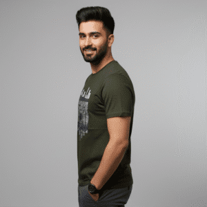 Elegant Green Front Printed Round Neck Half Sleeves for Men