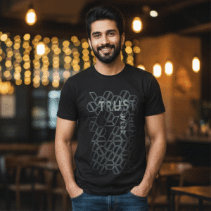 Elegant Black Front Printed Round Neck Half Sleeves for Men