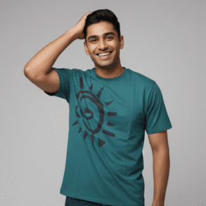 Refined Teal Sun Print Round Neck Half Sleeves for Men