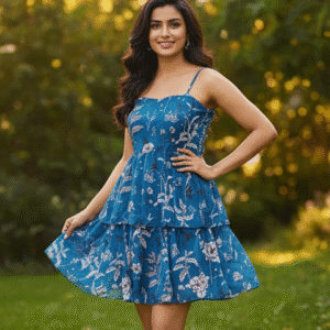 Elegant Teal Printed  Short Dress Dress for Women