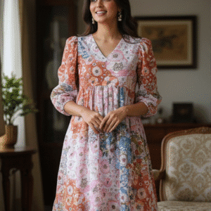 Elegant Peach Printed  Short Dress Dress for Women