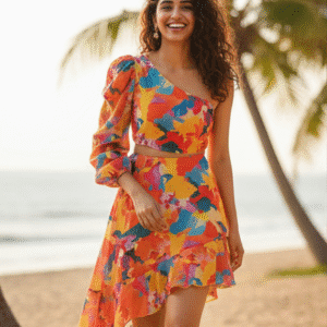 Elegant Orange Printed  Short Dress Dress for Women