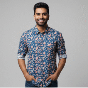 Modern Navy Blue Printed Half Sleeves Mens Shirt for Men