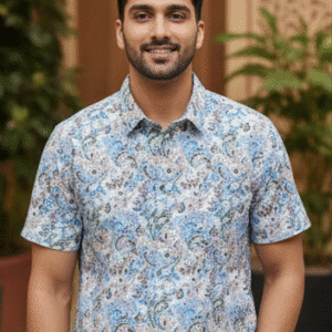 Elegant White Printed Half Sleeves Mens Shirt for Men