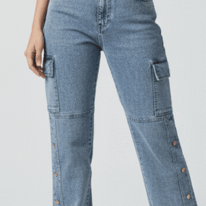 Trendy Light Grey Straight Fit Cargo Jeans for Women