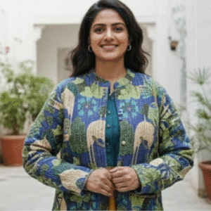 Elegant Navy Blue Full Sleeves Printed Jacket for Women