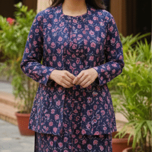 Elegant Navy Blue Full Sleeves Printed Jacket for Women