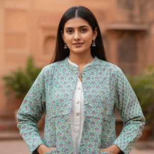 Elegant Green Full Sleeves Printed Jacket for Women