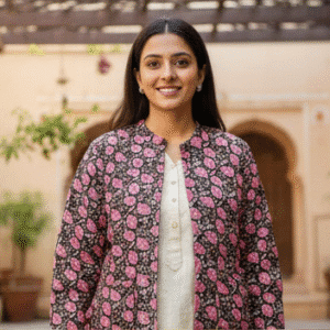 Elegant Peach Full Sleeves Printed Jacket for Women