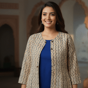 Elegant Royal Blue Full Sleeves Printed Jacket for Women