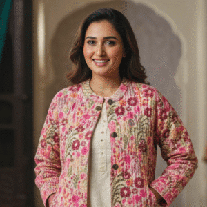 Elegant Peach Full Sleeves Printed Jacket for Women