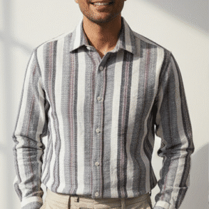 Stylish White & Grey Casual Strrip Full Sleeves Mens Shirt for Men