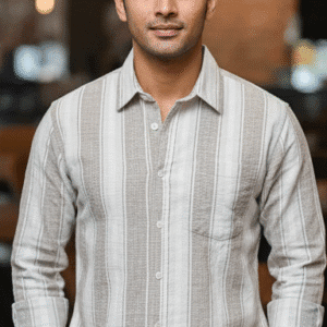 Refined White & Dark Grey Casual Strrip Full Sleeves Mens Shirt for Men