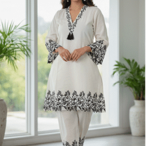 Elegant Off White Embroidery Half Sleeves Cord - Set for Women