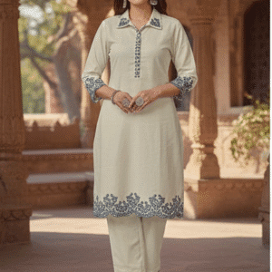 Elegant Off White Embroidery Half Sleeves Cord - Set for Women