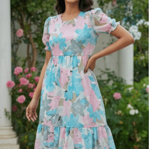 Elegant Blue Printed Long Dress Dress for Women