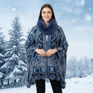 Women’s Luxury Winter Fur Collar Poncho Premium Warm Woolen Cape Shawl with Faux Fur Trim Elegant Printed Winter Wrap