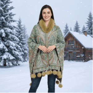 Women’s Luxury Winter Poncho with Faux Fur Collar Premium Wool Blend Paisley Cape Shawl with Fur Pom-Pom Hem Elegant Warm Winter Wrap
