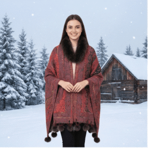 Women’s Luxury Winter Poncho with Faux Fur Collar Premium Wool Blend Paisley Cape Shawl with Fur Pom-Pom Hem Elegant Warm Winter Wrap