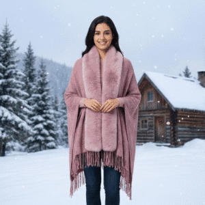 Women’s Luxury Winter Poncho with Soft Faux Fur Collar Premium Wool-Blend Cape Shawl with Fringe Hem Elegant Warm Winter Wrap