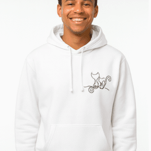 Men’s White Hoodie with Minimal Cat Line-Art Print Premium Soft Cotton Blend Hoodie For Men