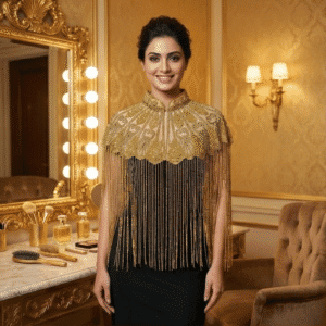 Women’s Premium Golden Beaded Cape Shrug Designer Party Wear Embellished Net Shoulder Cape with Long Tassel Fringe Luxury Evening Wear Shrug