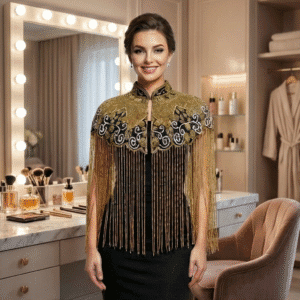 Women’s Luxury Golden Beaded Cape Shrug Designer Party Wear Embellished Net Shoulder Cape with Long Tassel Fringe Premium Evening Wear Shrug