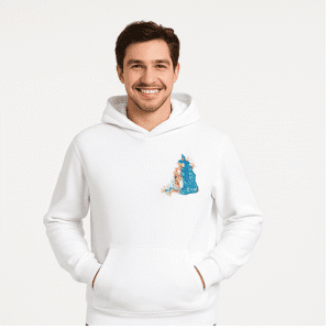 Men’s White Hoodie with Colorful Wolf Artwork Print Premium Soft Cotton-Blend Pullover For Men