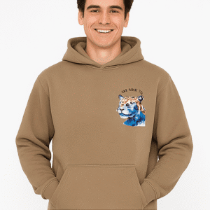 Men’s Brown Hoodie with Artistic Tiger Print Premium Soft Fleece Cotton-Blend Pullover