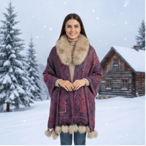Women’s Luxury Winter Poncho with Faux Fur Collar Premium Wool Blend Paisley Cape Shawl with Fur Pom-Pom Hem Elegant Warm Winter Wrap
