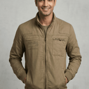 Men’s Khaki Beige Casual Zip-Up Jacket | Lightweight Cotton Blend Jacket with Stand Collar