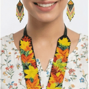 Yellow – Orange Floral Beaded Necklace & Earrings Set for Women
