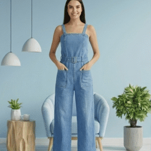 Women’s Premium Denim Sleeveless Wide-Leg Jumpsuit with Belt & Front Pockets