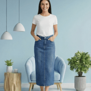Women’s High-Waisted Long Blue Denim Midi Skirt with Back Slit & Classic